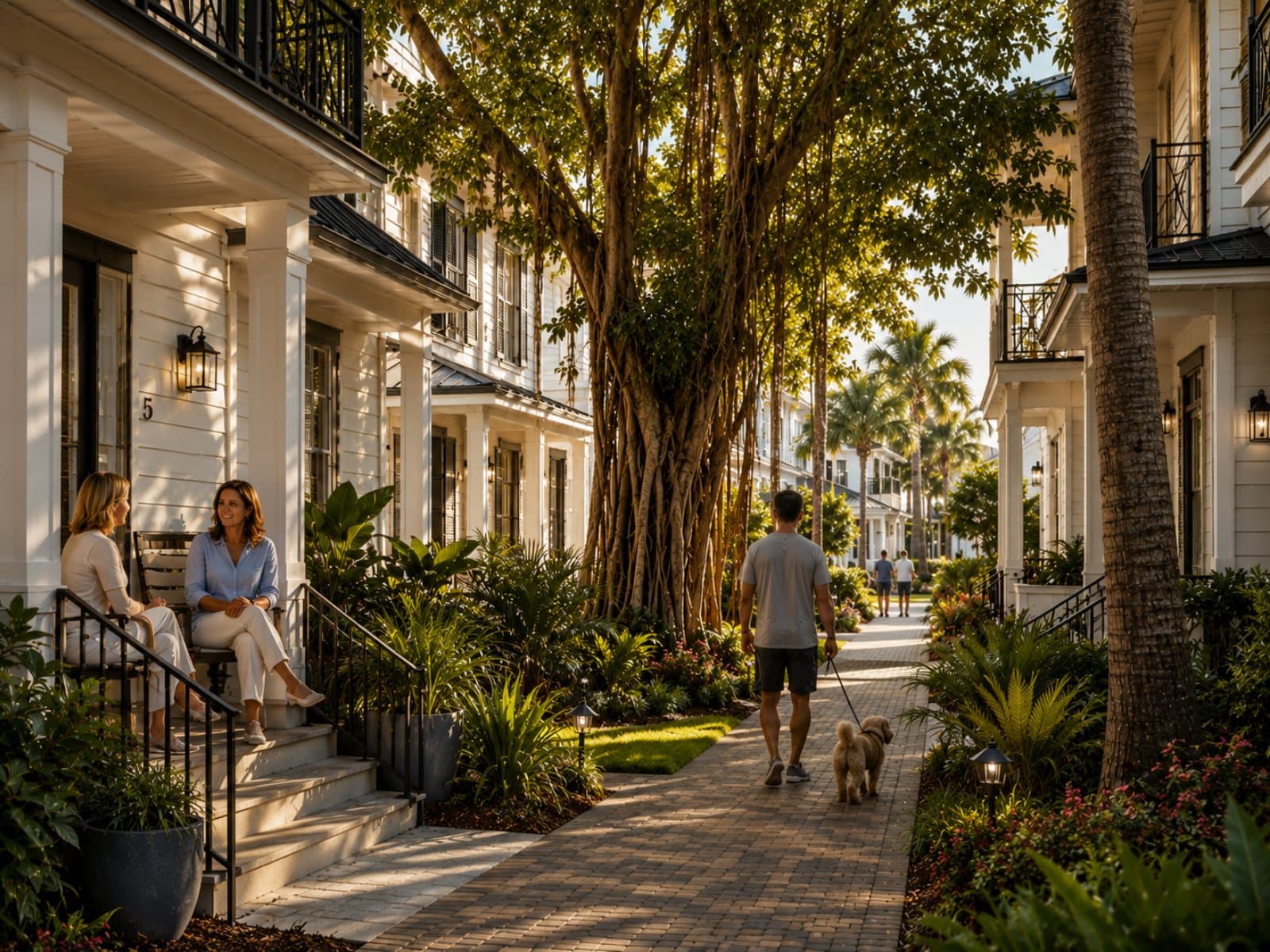 Shaded walkway between Banyan Groves residences