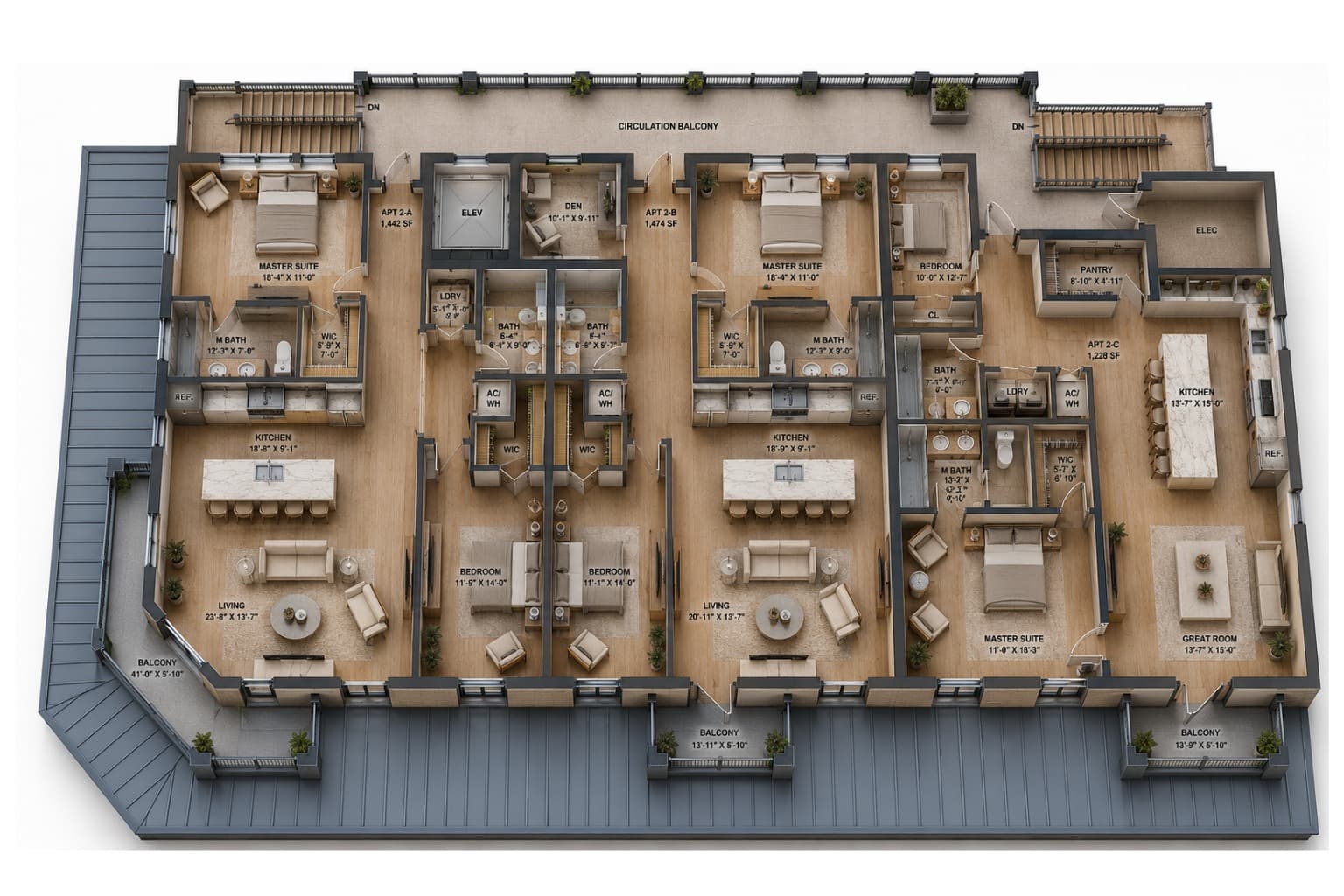 Second floor plan — three apartment residences at Banyan Groves Town Center