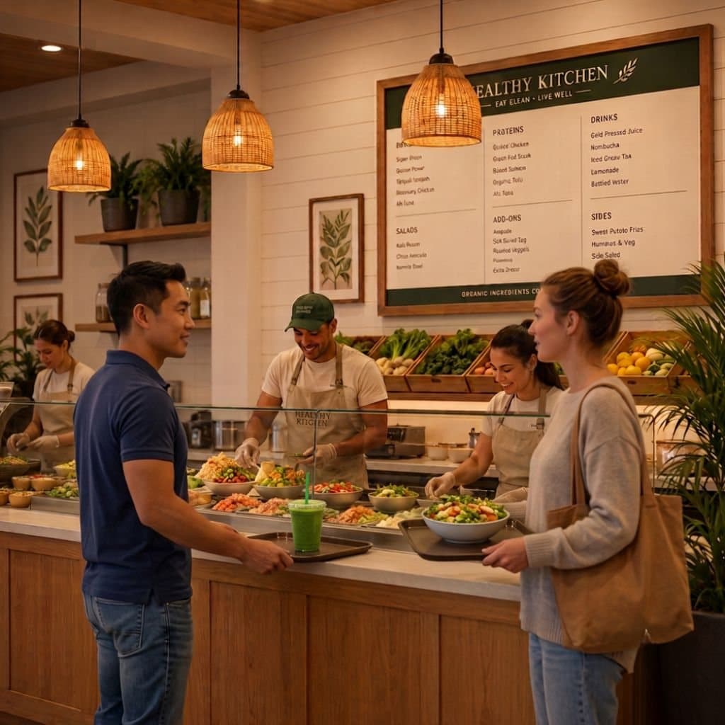 Counter-service concept at Banyan Groves Town Center — staff serving fresh bowls and salads to guests at the order counter