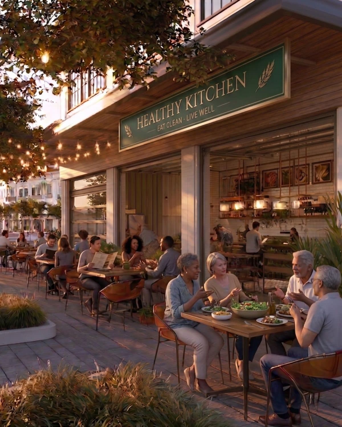 Covered outdoor patio dining concept along Bridge Road at Banyan Groves Town Center
