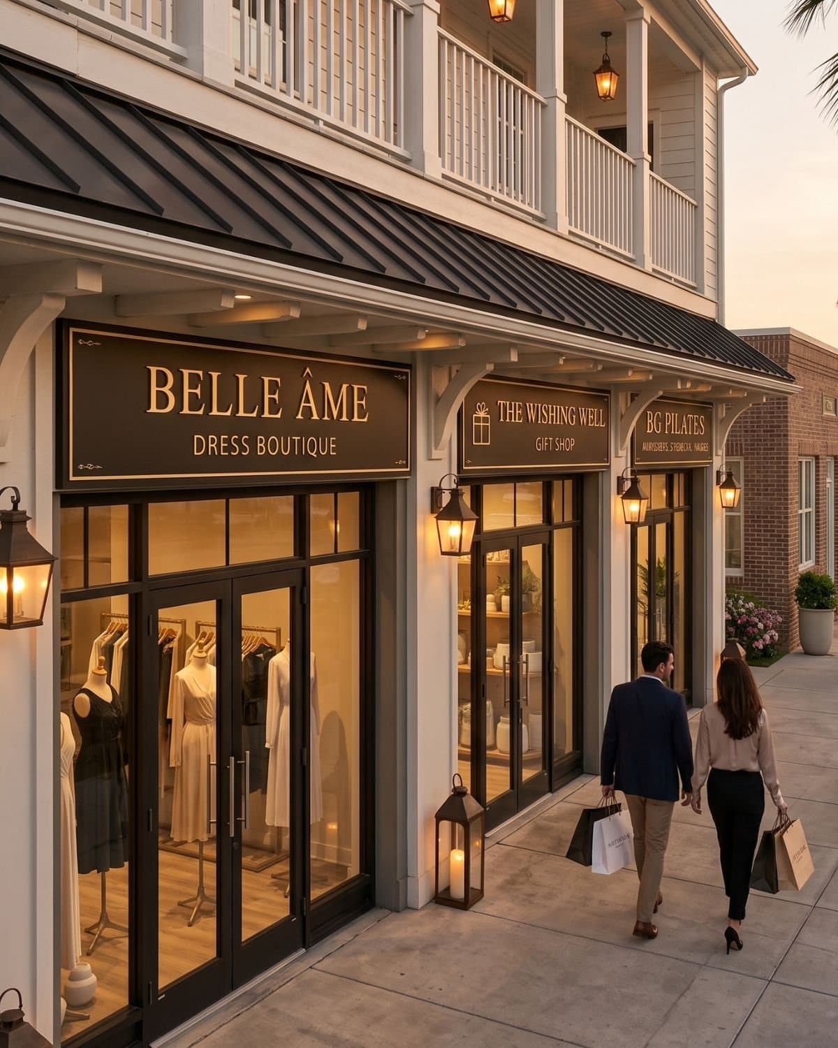 Street-level view of the retail storefronts at Banyan Groves Town Center