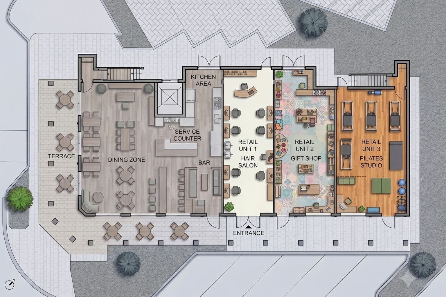 Concept interior layout — three retail storefronts with a walk-in service business, a gift shop, and a studio concept at Banyan Groves Town Center