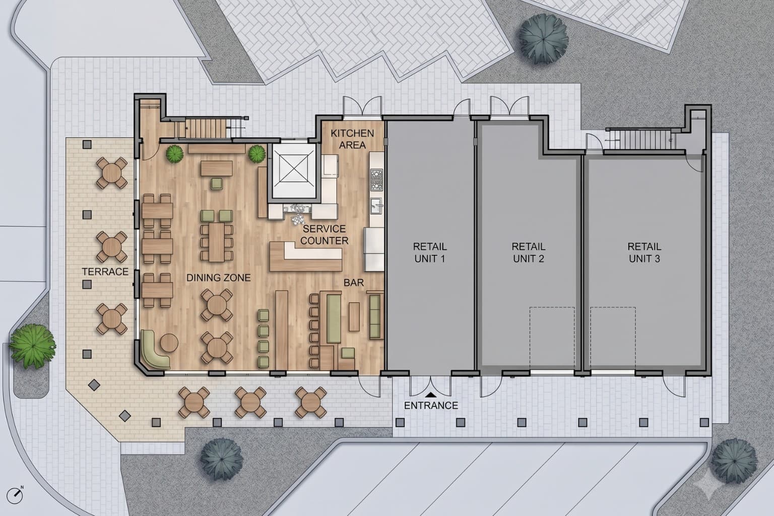 Concept interior layout — dining zone, service counter, bar, and terrace at Banyan Groves Town Center restaurant space