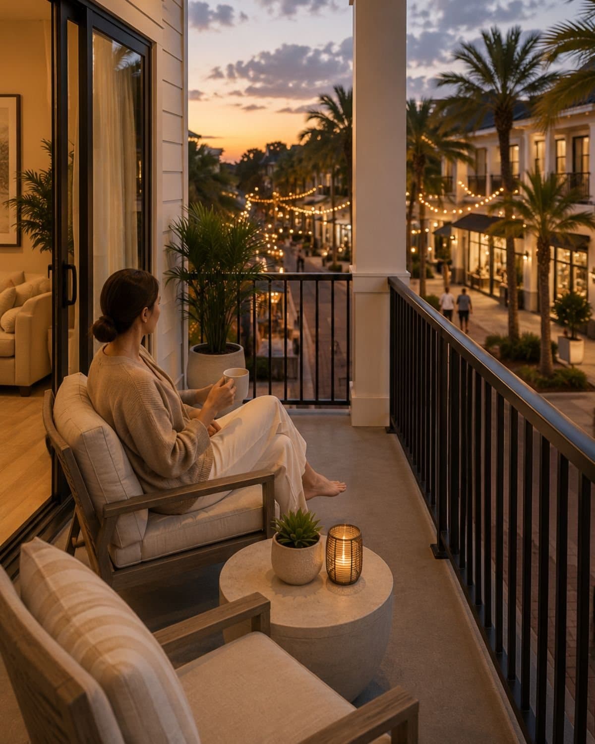 Resident relaxing on a private balcony overlooking Bridge Road at Banyan Groves