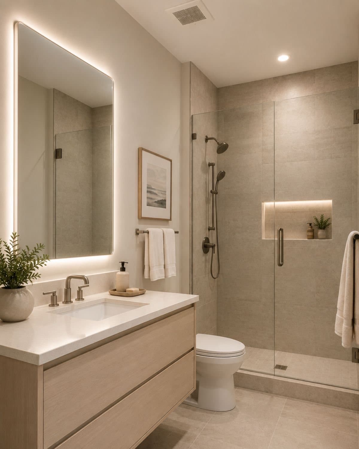 Spa-style bathroom in a Banyan Groves apartment home, finished with the same quiet, high-end standard as the rest of the residence
