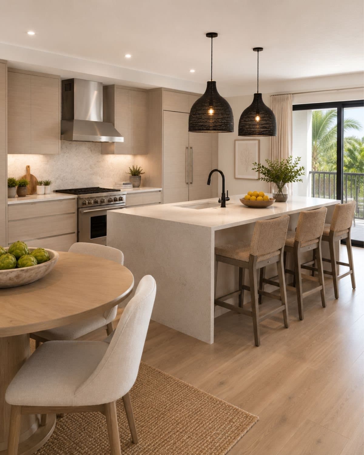 Kitchen in a Banyan Groves apartment home with a balcony view toward Bridge Road