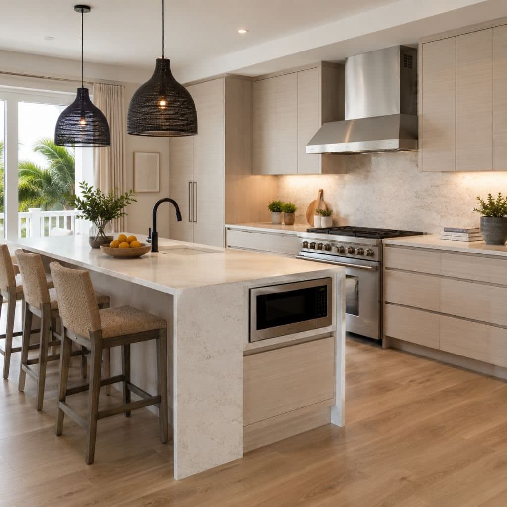 Kitchen concept in a Banyan Groves apartment home — bleached-wood cabinetry and stainless appliances