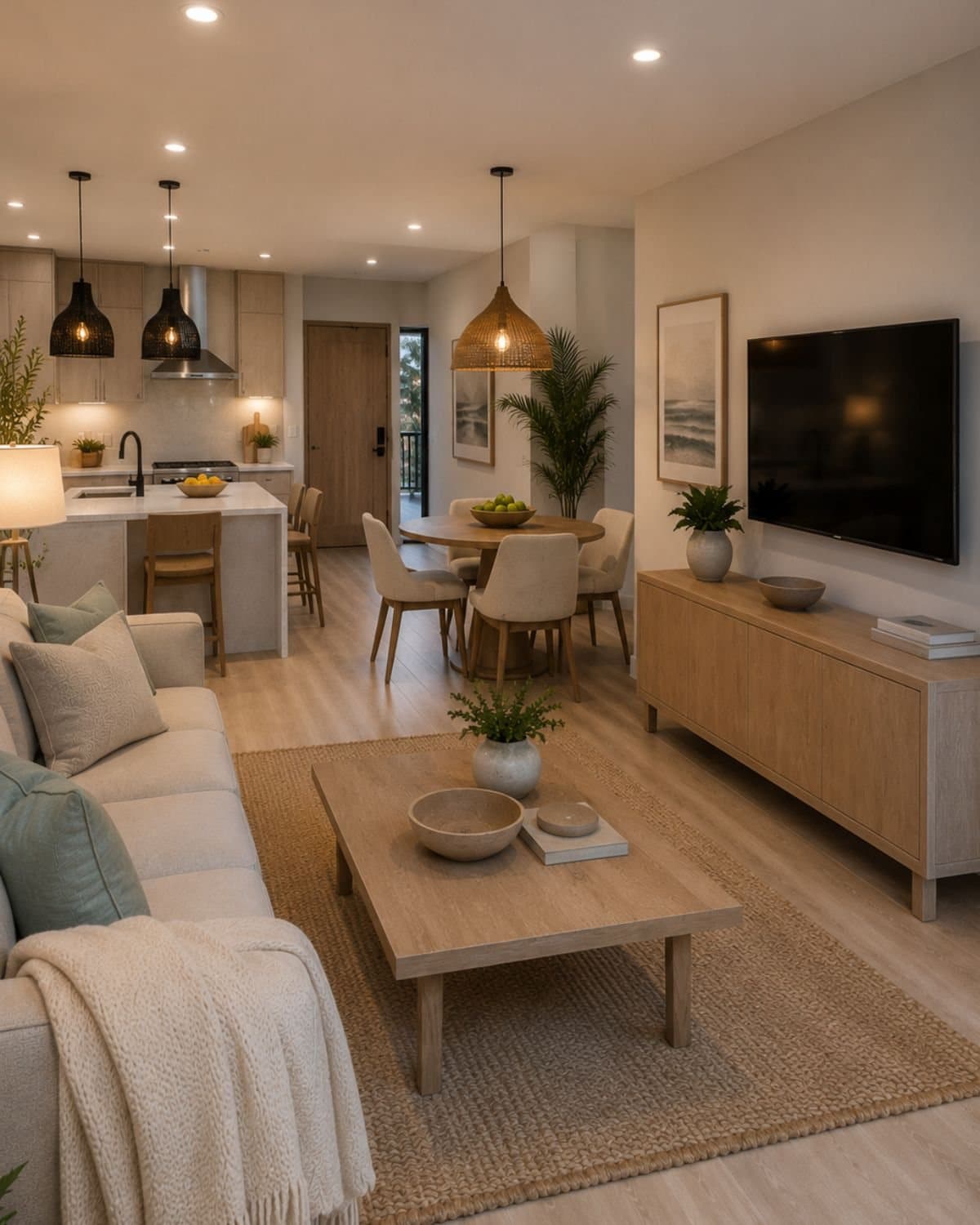 Open-concept living and dining area in a Banyan Groves apartment home