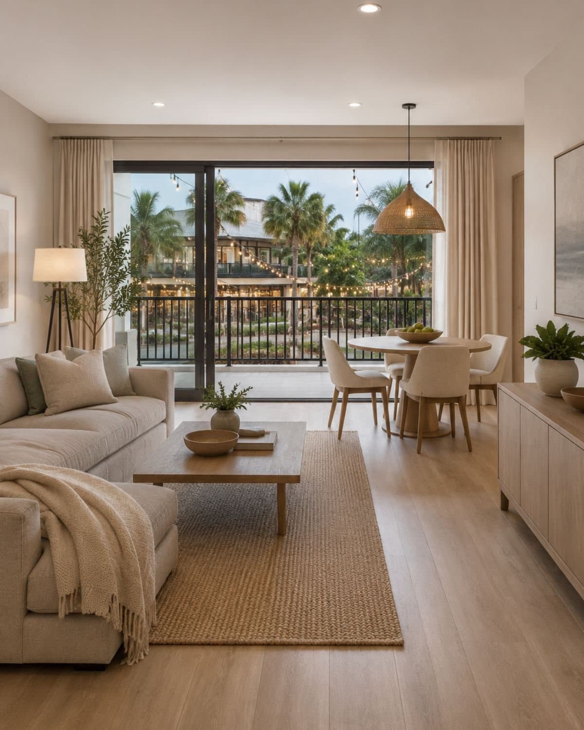 Morning at home in a Banyan Groves apartment, living and dining area with balcony doors open to Bridge Road